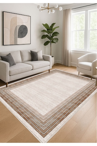 Krem Dijital Baskı Salon Halısı Kaymaz Tabanlı Yıkanabilir Halı Yolluk 527 Krem