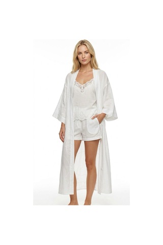 Lila Mare Nakışlı Beyaz Handmade Homewear & Beachwear Kimono Renkli Renkli