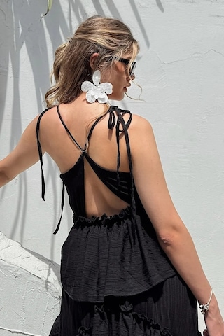 Fashion Cocktail İp Bağlama Askılı Fırfırlı Hacimli Dalgalı Hareketli Yırtmaçsız Maxi Uzun Yazlık Sahil Tatil Elbise Siyah