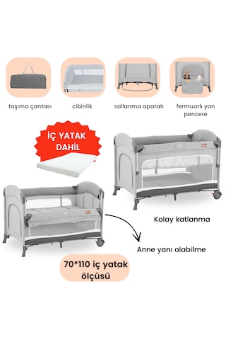 Gulz Omega Anne Yanı Sallanır Cibinlikli Oyun Parkı Bebek Beşik 70 x 110 CM + Yataklı Grey