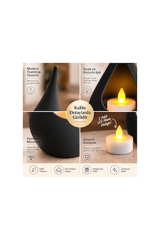 2 Li Dekoratif Mumluk Seti Modern Teardrop Tasarım, 2 Adet Led Mum Hediyeli, Şık Ev Dekorasyonu - Siyah Açık