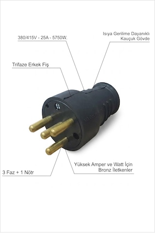 Sadece Trifaze 3 Faz 1 Nötr 380/415v Max.5750w 25a Gerilime Ve Isıya Dayanıklı Bakır Ve Kauçuk Erkek Fiş