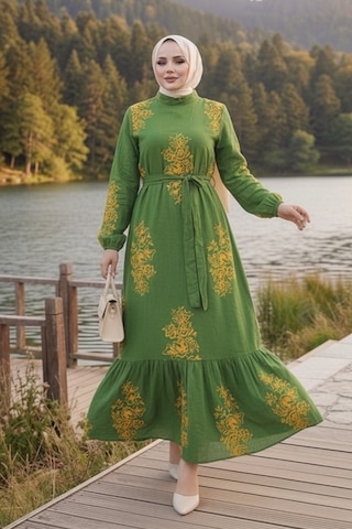 Bestenur Noyra Desenli Viskon Elbise 1722 - Haki