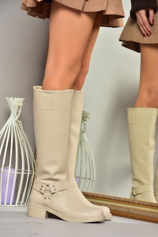 Fox Shoes T404550009 Bej Alçak Topuklu Kadın Çizme Bej-suni Deri Bej
