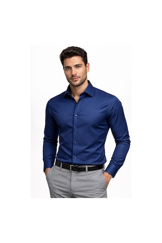 Lugon Slim Fit Pamuk Saten Uzun Kol Erkek Gömlek - 7527 Lacivert