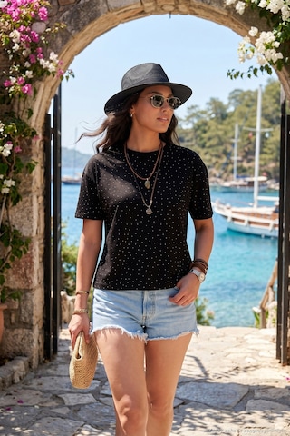 Lela Rahat Kalıp Bisiklet Yaka Taş Detaylı T Shirt Bayan T Shirt 5866943 Siyah