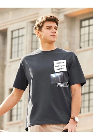 Füme Oversize Journey Baskılı T-shirt - Oversize Baskılı Gri