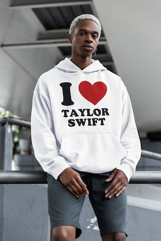 I Love Taylor Swift Baskılı Unisex Oversize Şarkıcı Hoodie Beyaz