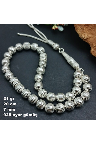 925 Ayar Gümüş Tesbih Yuvarlak Kesim Cizgili Model Orta Boy
