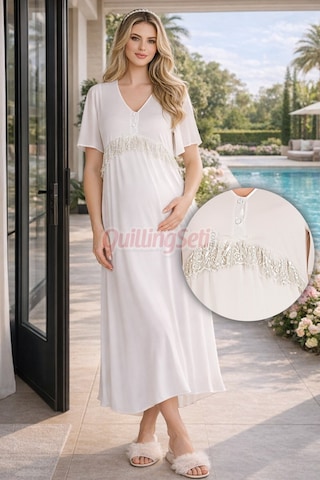 Lady Ekru Renk Dantel Detaylı 33500 Sabahlıklı 2li Hamile Gecelik Takım Set