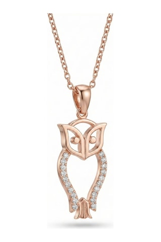 925 Ayar Zirkon Taşlı Rose Minimal Baykuş Gümüş Kolye Gümüş - Rodyum