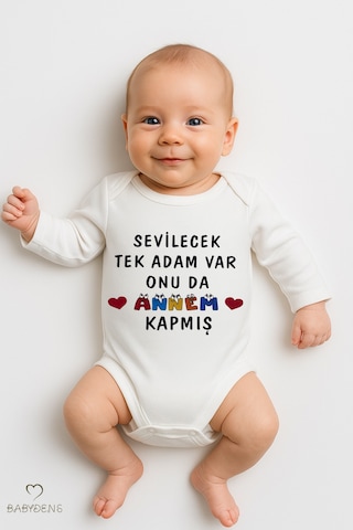 Babyden's Sevilecek Tek Adam Var, Onu Da Annem Kapmış Yazılı,uzun Kollu Bebek Body %100 Pamuk Çıtçıtlı Body Beyaz