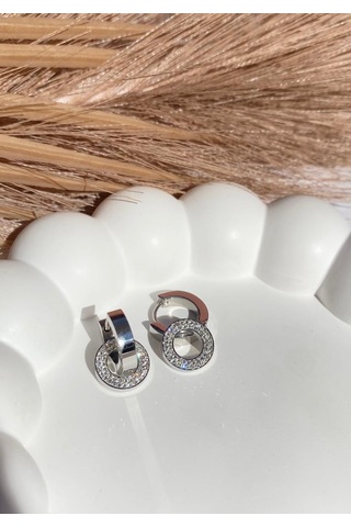 Gümüş / Silver Renk Zirkon Taşlı Diskli 316l Çelik Küpe Gümüş