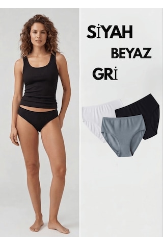 Nacar Store Kadın 3'lü Siyah-beyaz-gri Pamuklu Bikini Külot Seti