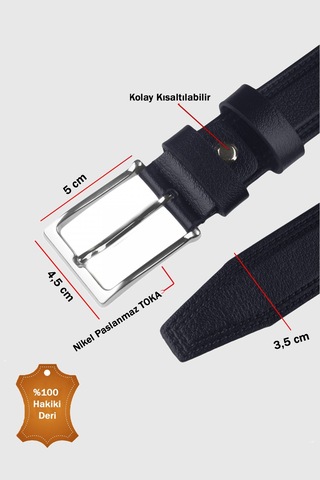 Rizzup Lacivert Hakiki Deri Kemer Kenarları Dikiş Desenli Kısaltılabilir Erkek Kemer 2602668