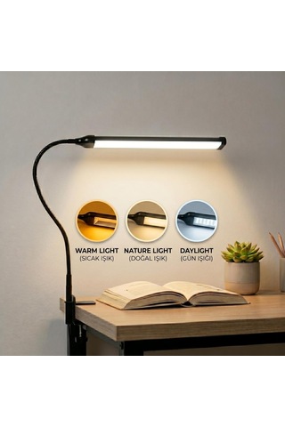 Led Masa Lambası 12w Usb Güç Girişli, Esnek Kol, Klipsli Tasarım, 3 Renk Sıcaklığı 2800k/4200k/6000k , Kı Çok Renkli