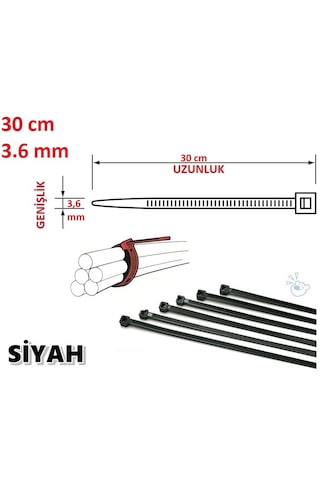 100 Adet 30cmx3,6mm Siyah Plastik Cırt Kelepçe Kablo Bağı