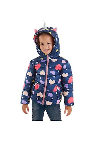 Denokids Unicorn Kız Çocuk Su İtici Kapüşonlu Şişme Mont Lacivert Çok Renkli