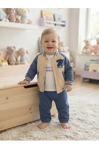 Efemkids N Nakışlı Erkek Takım 6 Ay,12 Ay,18 Ay,2y Erkek Bebek Takım 3'lü Baskılı Mont+basklı Uzun Kollu Body+ Pijama Yenidoğan Bebek Takım Turkuaz