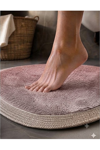 Kaymaz Taban Peluş Banyo Paspası Seti Pudra Rengi Jüt Kenar Detaylı 2'li Oval Yuvarlak 100x60 60x60