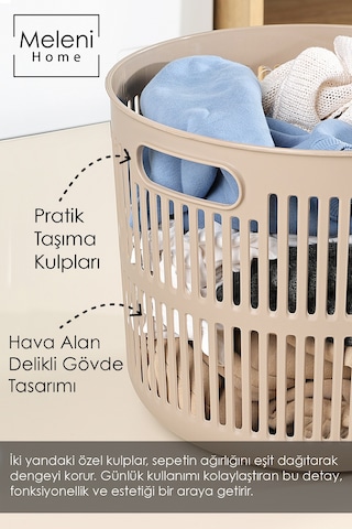 22 Litre Solara Yuvarlak Çamaşır Sepeti - Kulplu Çok Amaçlı Sepet Banyo Düzenleyici Sepet Bej Bej