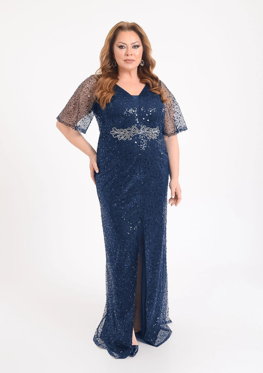 Lilas Xxl Büyük Beden Glitter Baskı Lacivert Renkli Kısa Kollu Uzun Abiye Elbise Lacivert