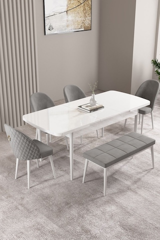 Milas Beyaz 80x132 Mdf Açılabilir Yemek Masası Takımı 4 Sandalye, 1 Bench Gri