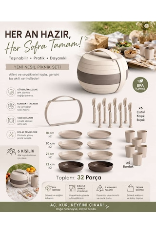 32 Parça 6 Kişilik Taşınabilir Küre Piknik Seti Bej