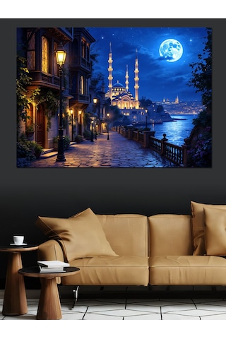 Gece İstanbul Camii Manzarası Dekoratif Kanvas - Mdf Ahşap Tablo