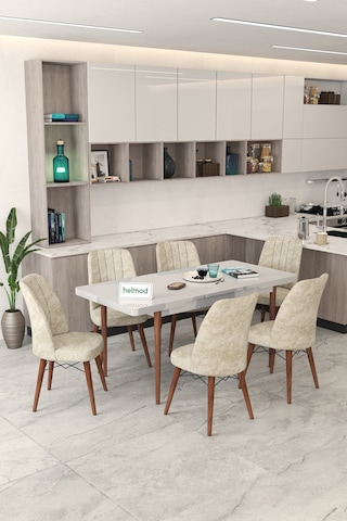 Helmod 6 Kişilik Açılır Masa Sandalye Takımı Mutfak Masası Takımı Salon Masası Yemek Masası Takımı Model:helmodb3232 Bej
