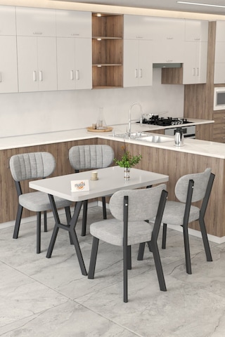 Gnr 70x110cm Sabit Beyaz Mutfak Masası Takımı, Yemek Masası, 4 Modern Gri Sandalye Gri