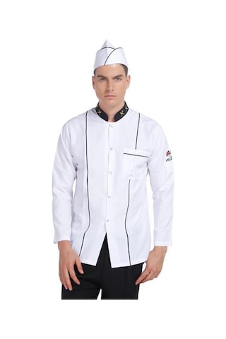 Aşçı Ceketi Beyaz Uzun Kol Altın Çatal Bıçak Garnitürlü