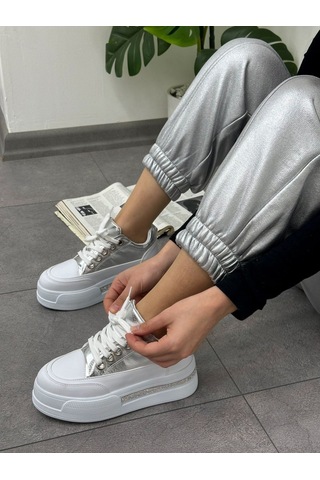 Erva'nın Butiği Gümüş Beyaz Miles Taş Detay Yüksek Taban Bağcıklı Sneakers-5635