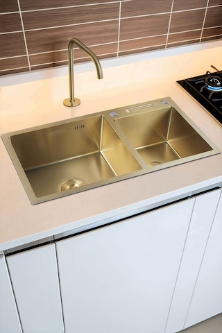 Sun Serisi %100 Krom 82x45 İki Göz Bıçak Yuvalı Paslanmaz Mutfak Eviyesi, Mutfak Lavabosu Gold