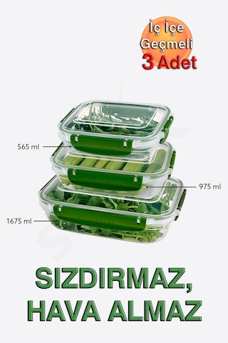 Lock&fresh Master Dikdörtgen Saklama Kabı 565,975,1675 Ml Üçlü Set Yeşil