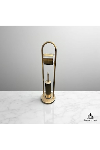 İsaoğlu Yapı Antik Gold Tuvalet Kağıtlık Ve Fırça Seti Pirinç Banyo Aksesuarı Seti Eskitme Gold Ayaklı Set Gold