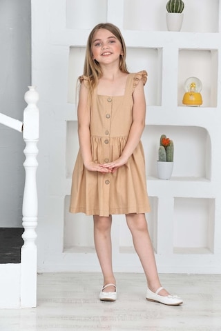 Kız Çocuk %100 Pamuk Keten Elbise 12197 Açık Kahve Açık Kahverengi