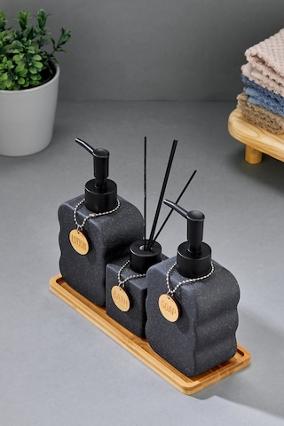 Cooker 3'lü 300 Ml Seramik Bambu Standlı Banyo Seti Ckr3883 Siyah