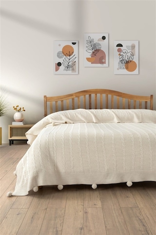 Çift Kişilik Triko Örme Battaniye Krem