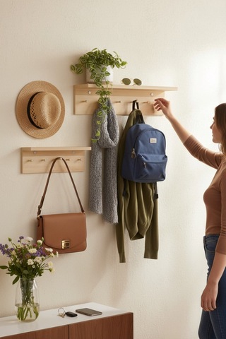 Ahşap Askılık Raflı 70x14 Ve 50x14 Mutfak, Antre, Banyo, Ofis, Mağaza, Çocuk Ve Yatak Odası Meşe