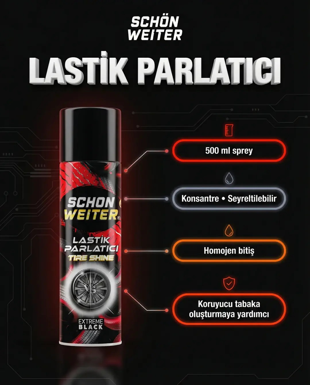 Araç Oto Lastik Parlatıcı Ve Koruyucu Aerosol Sprey 500 Ml
