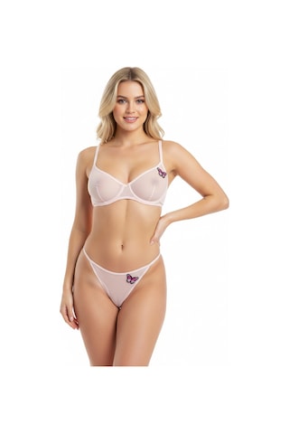Bonbon Kadın Kelebek Figürlü Tül Transparan Balenli Pembe Renk Sütyen Ve String 2'li Takım Bb2205 Pembe