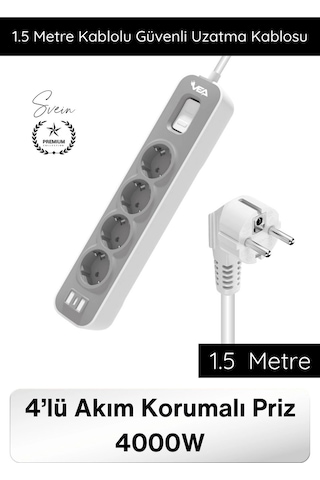 Uzatmakablo 4 Lü Akım Korumalı Priz 4000w 1.5 Metre Kablolu Çoklu Priz Aşırı Gerilim Korumalı 4 Sok Diğer
