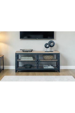 Dekoratif Metal Gövdeli Ahşap Raflı Tv Ünitesi 3 Raflı 2 Kapaklı Tv Sehpası 90 X 30 Cm Televizyon Ünitesi Siyah