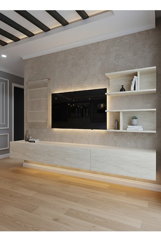 Resital Ledli Duvara Monte Tv Sehpası - Traverten - W6012-8 Traverten
