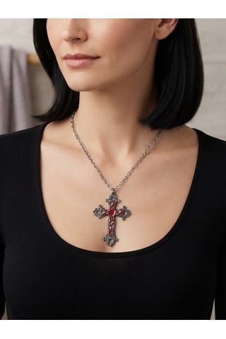 Unisex Haç Kolye Kırmızı Taş Detaylı Gümüş Renk Zincir Kolye Gotik Tarz Unisex Takı Hc97 Kırmızı