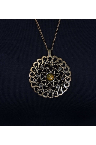 Doğal Taş Sitrin Doğal Taşlı Yuvarlak Model Antik Kadın Kolye Euk47s Sarı