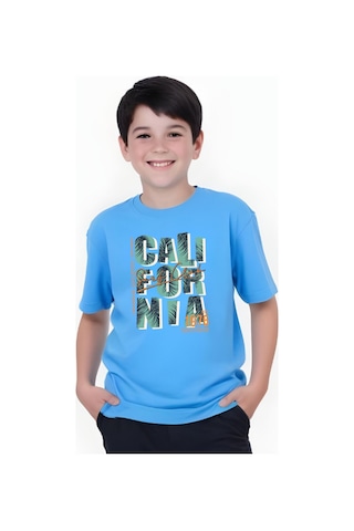 Panios Kids 1976 Cali Baskılı Erkek Çocuk Yuvarlak Yaka Kısa Kollu T-shirt Mavi