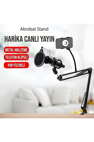 Profesyonel Masa Tipi Akrobat Mikrofon Standı Seti, Pop Filtre, Telefon Tutucu, 360 Ayarlanabilir