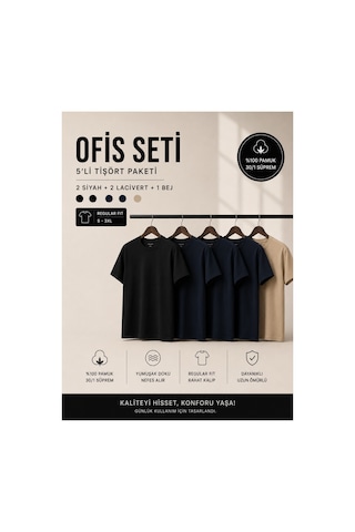 Masion Rae Erkek 5'li Basic Tişört Seti Regular Fit Bisiklet Yaka %100 Pamuk 30/1 Süprem Siyah-siyah-lacivert-lacivert-bej